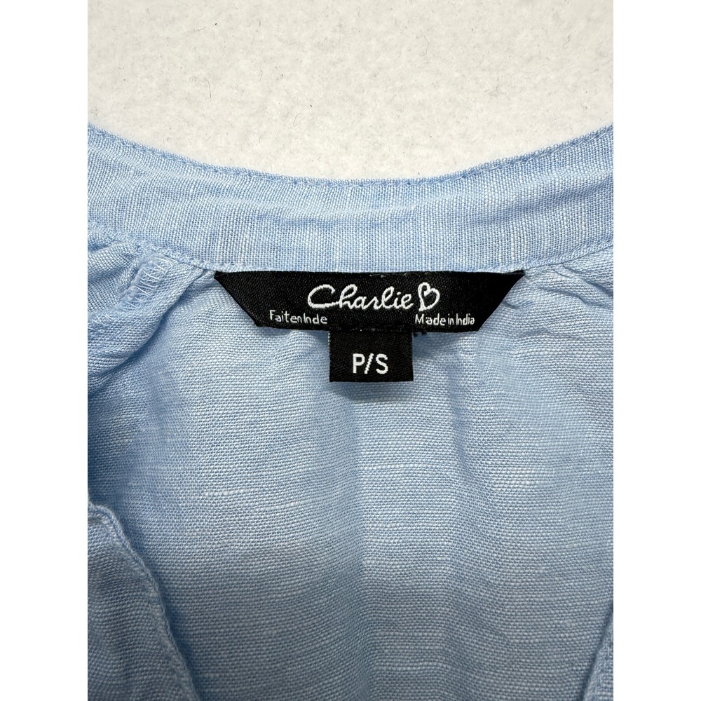 Charlie B Women Blue Cotton Linen Lace Embroidery Sleeve Button Up Blouse P S - Picture 4 of 11
